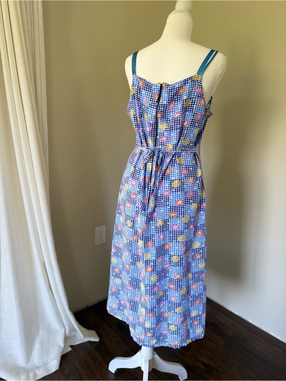 Truly Vintage Sundress Blue Gingham Floral Sun Dress AKR Brand One Size Ribbon - Picture 5 of 7